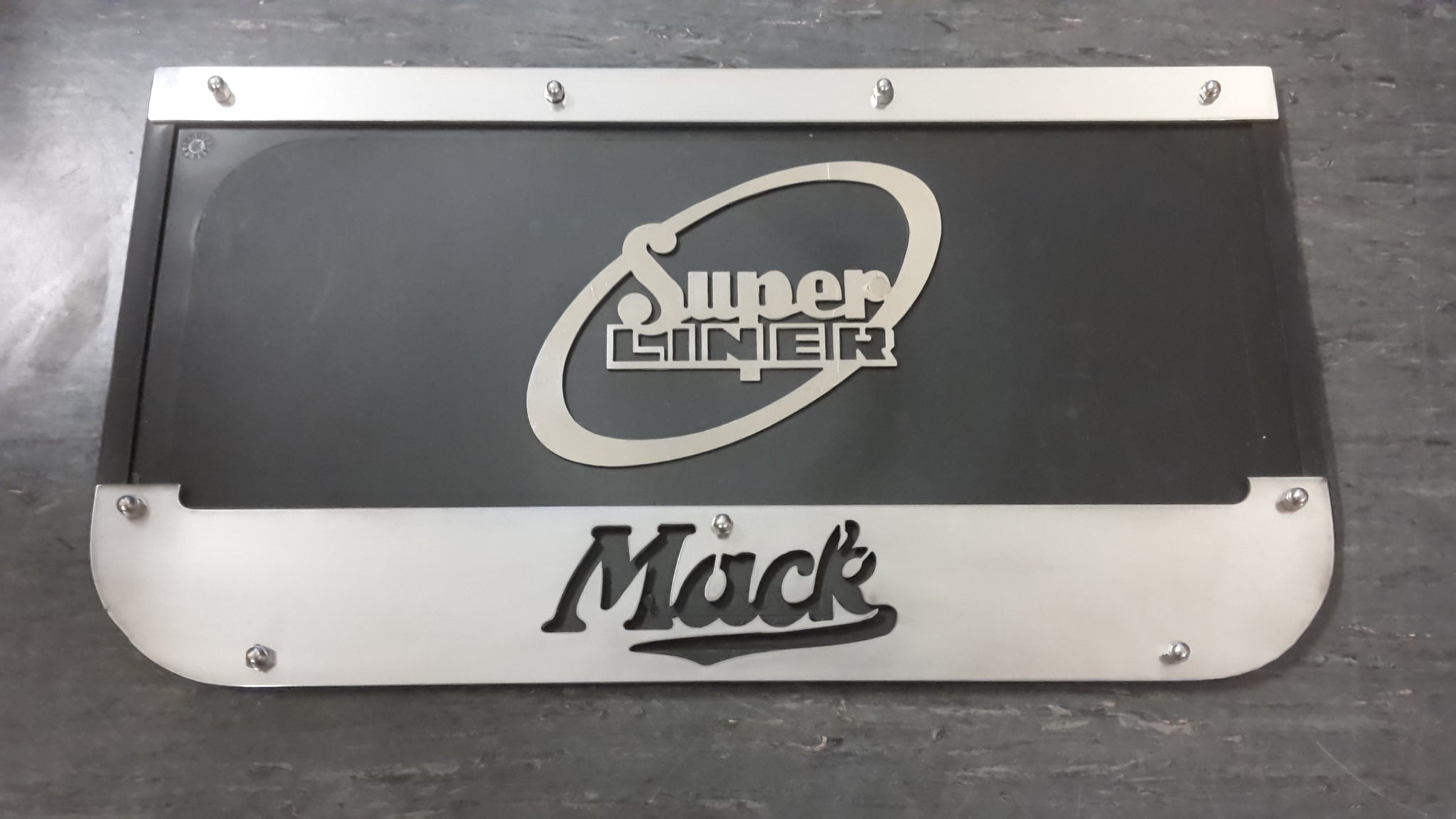 Custom Stainless Steel Mudflap Counterweights MACK 'SUPERLINER' Oval