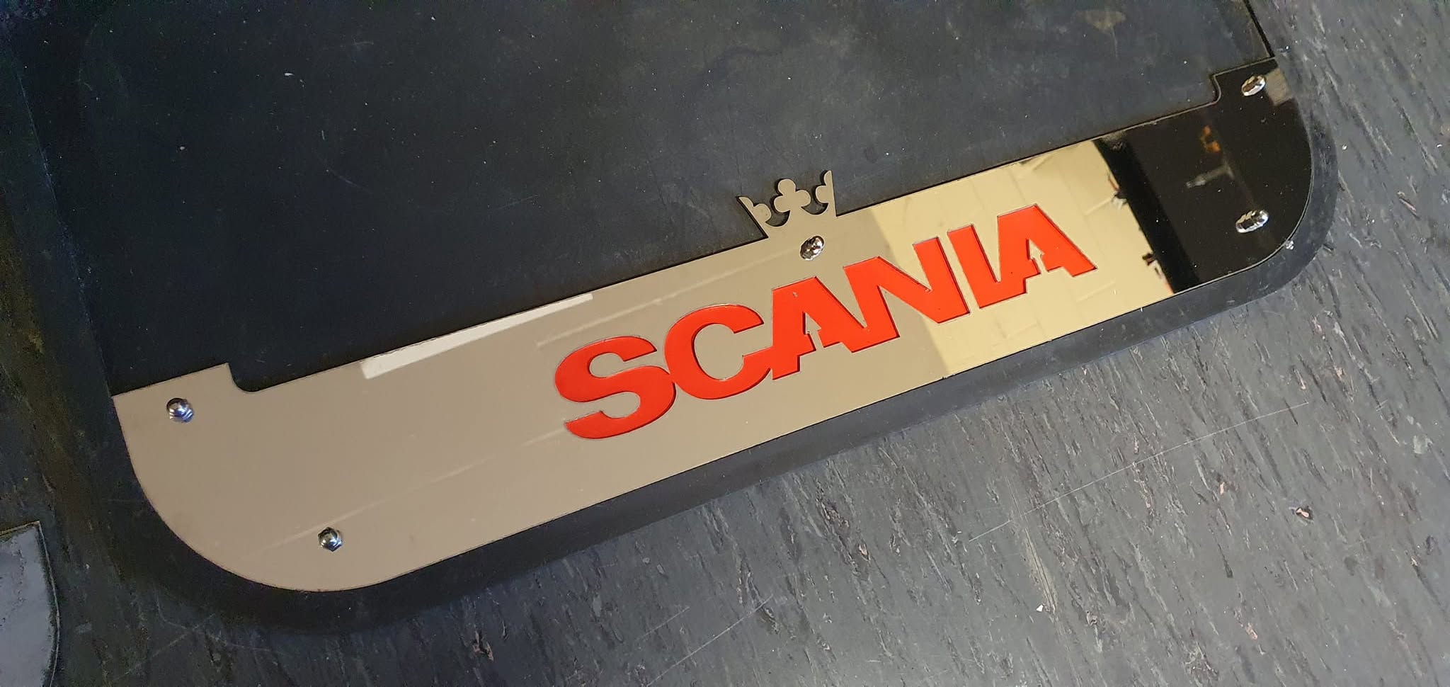 Custom Stainless Steel SCANIA 'King of the Road' Mudflap Counterweights