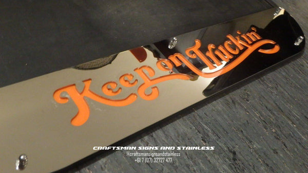 Custom Stainless Steel Mudflap Counterweight 'Keep on Truckin'
