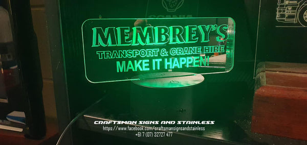 Custom laser cut 'MEMBREYS' Transport and Crane Hire 'edge lit acrylic