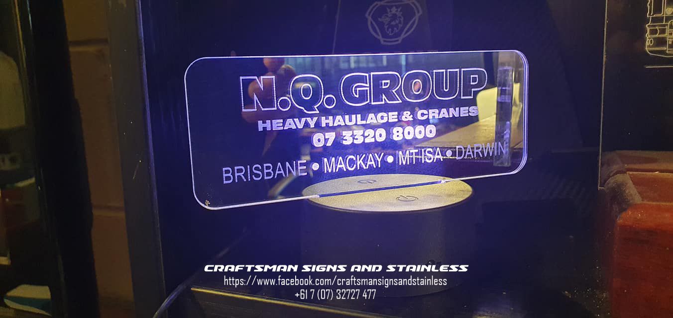 Custom laser cut 'MEMBREYS' Transport and Crane Hire 'edge lit acrylic