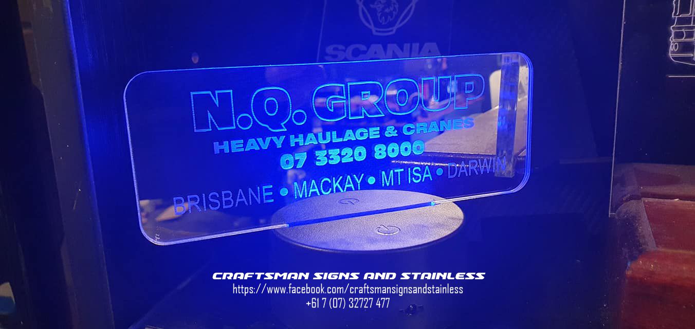 Custom laser cut 'MEMBREYS' Transport and Crane Hire 'edge lit acrylic
