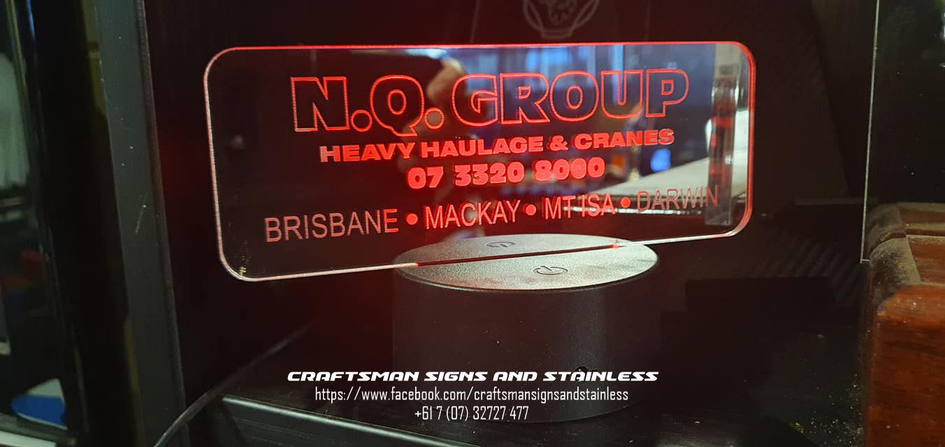 Custom laser cut 'MEMBREYS' Transport and Crane Hire 'edge lit acrylic