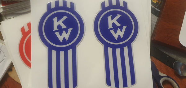 Epoxy domed Kenworth 'Crooked' bug logo vinyl skin in blue.