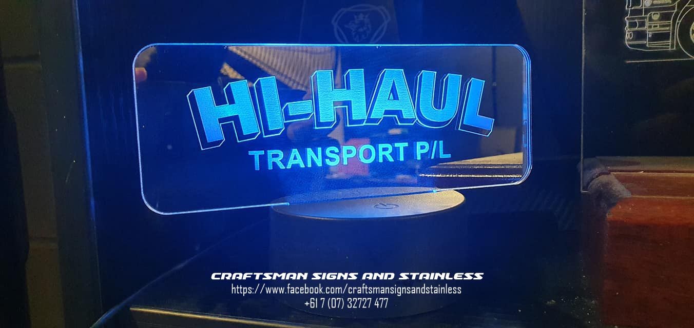 Laser cut, Hi Haul Transport edge lit acrylic.