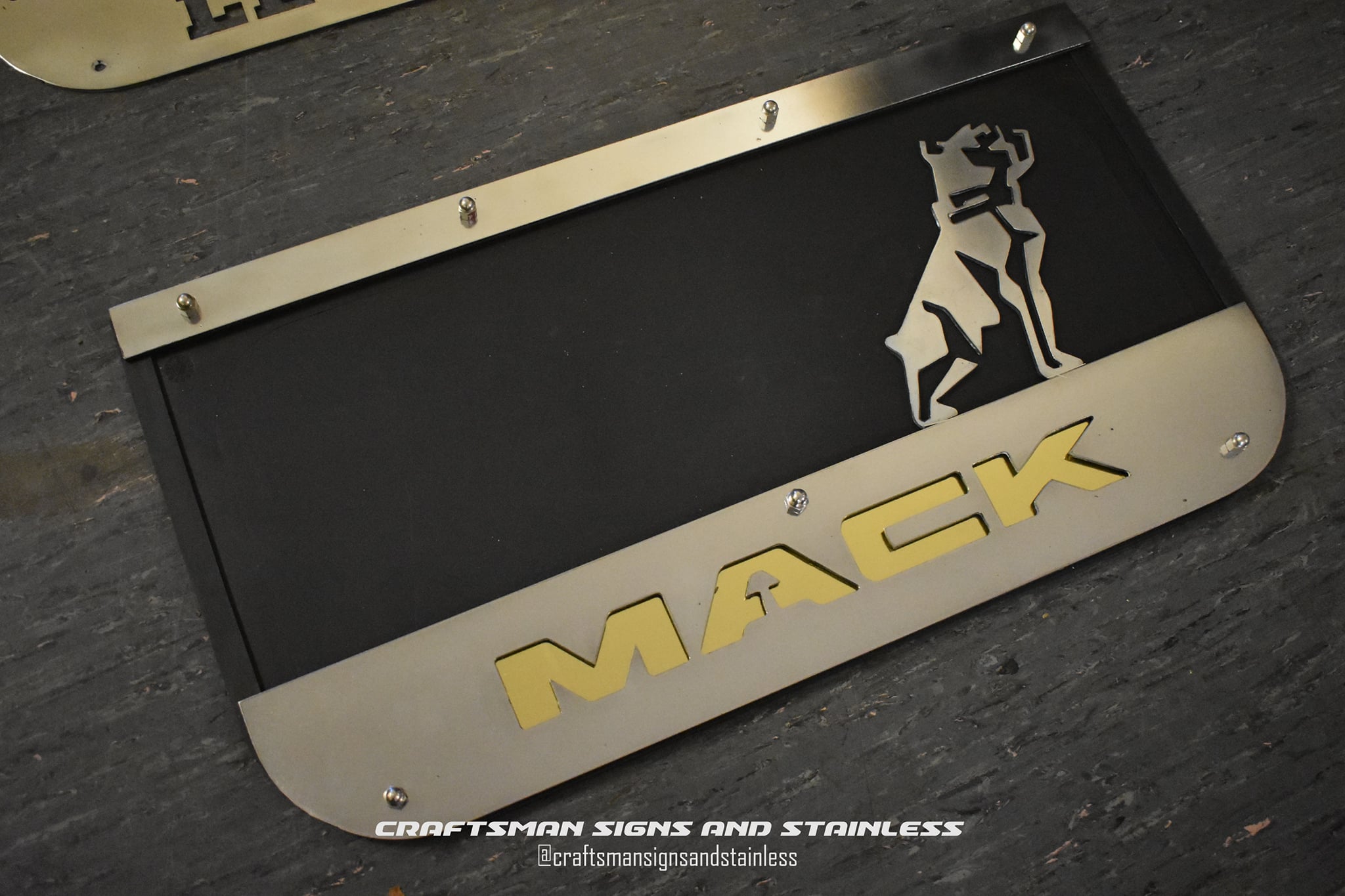 Custom Stainless Steel Mudflap Counterweights MACK BLOCK DOG