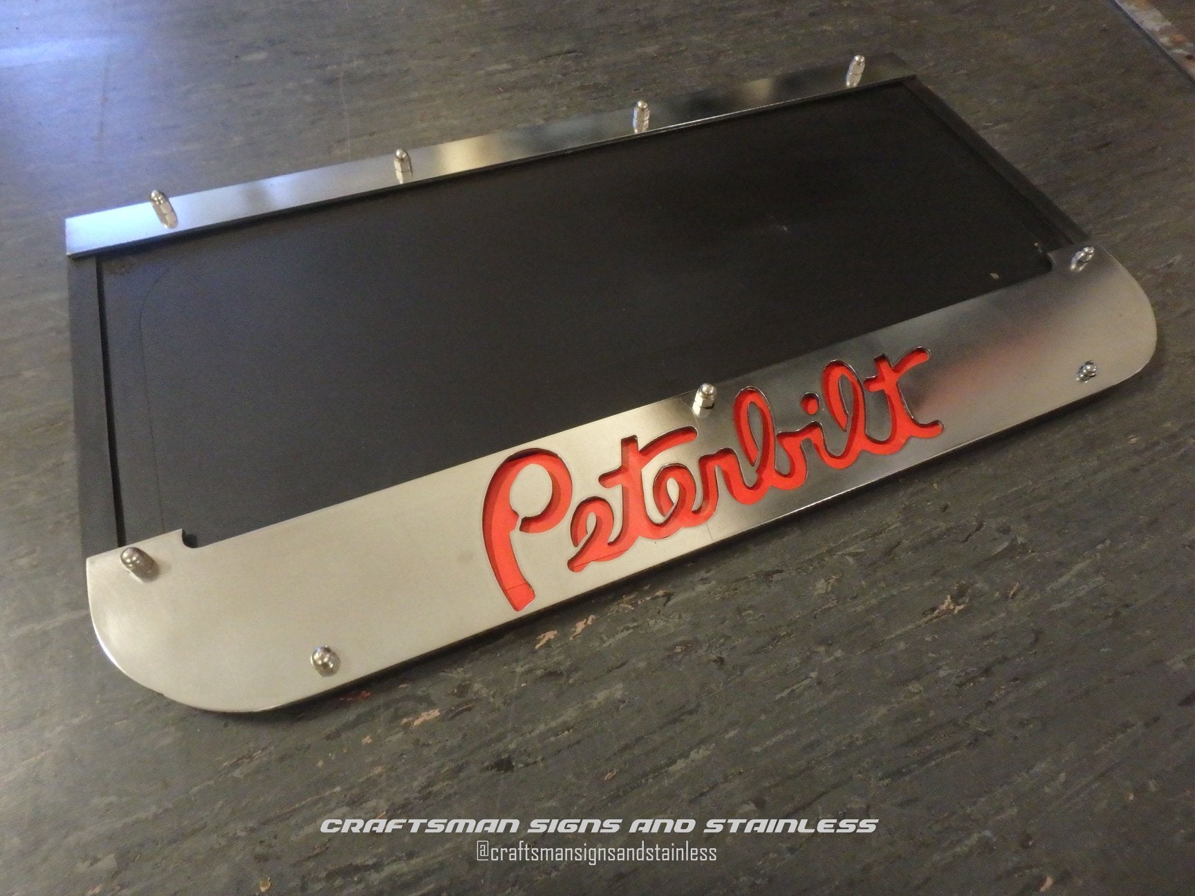 Custom Stainless Steel Mudflap Counterweights PETERBILT Script