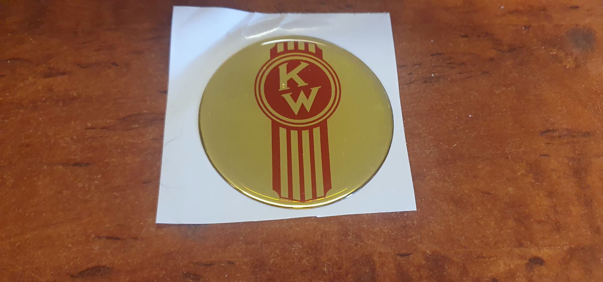 Round EPOXY DOMED DECALS 'Crooked KENWORTH Red on Gold Mylar