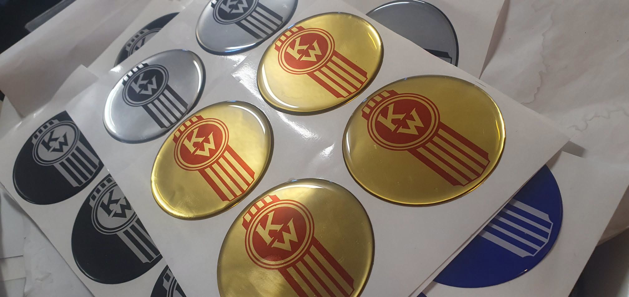 Round EPOXY DOMED DECALS 'Crooked KENWORTH Red on Gold Mylar