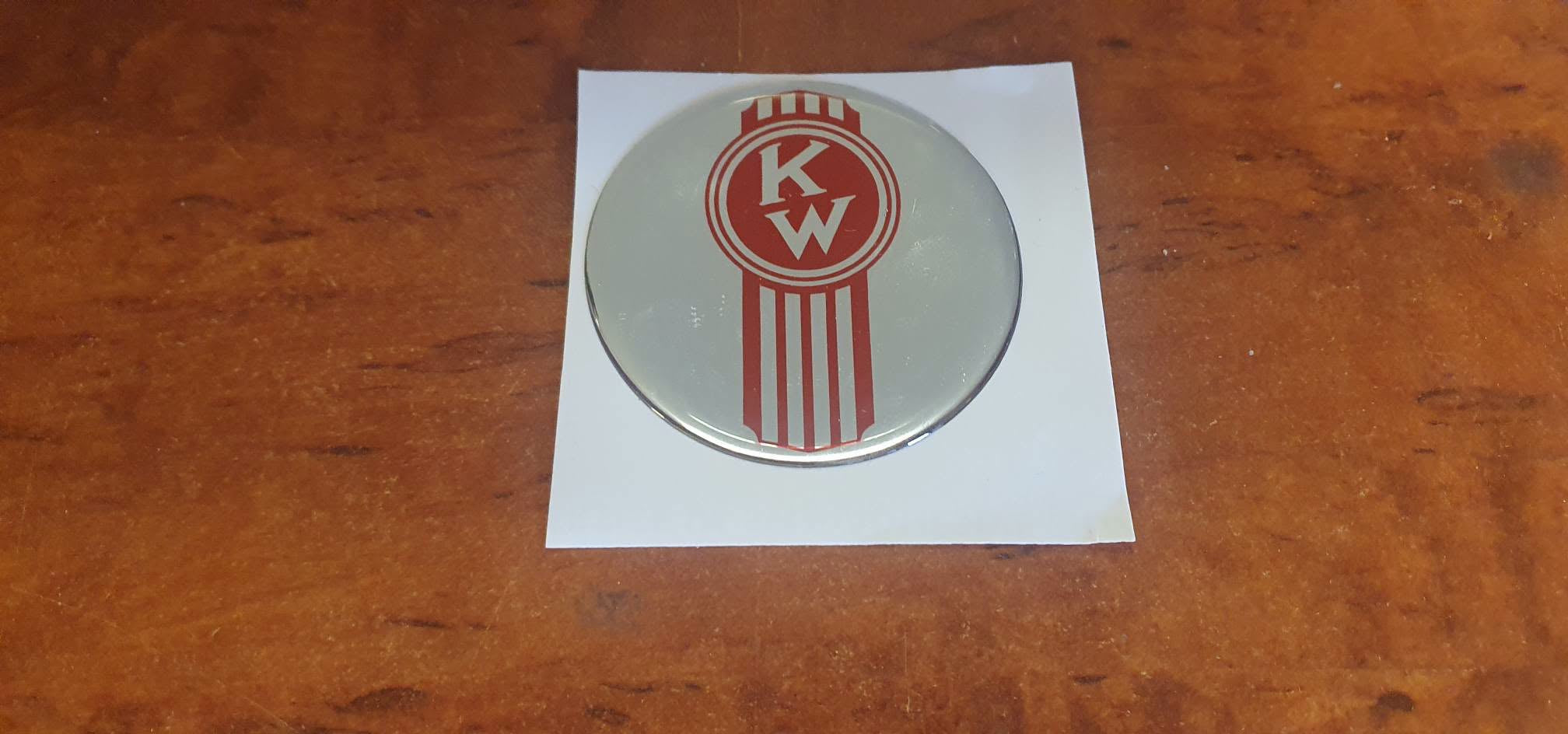 Round EPOXY DOMED DECALS 'Crooked KENWORTH Red on 'Chrome'