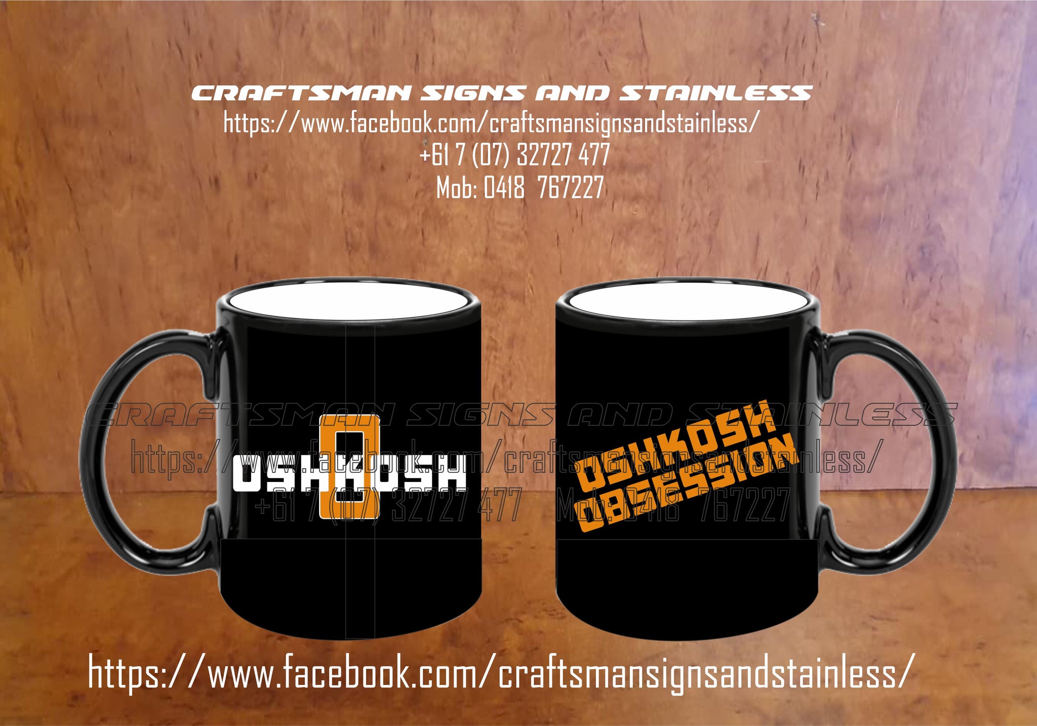 Custom BLACK/WHITE ceramic Coffee Mug 'OSHKOSH OBSESSION'