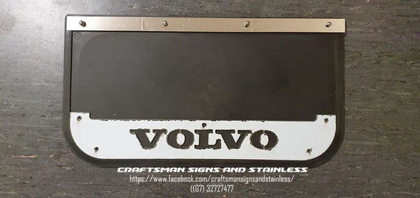 Stainless steel mudflap counterweights with 'VOLVO' cut outs